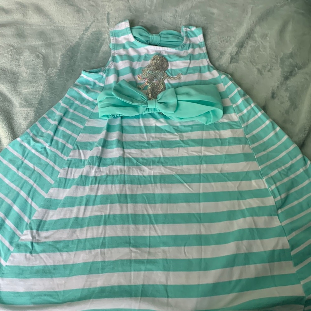 Tommy Bahama aqua striped dress with hair accessory. In excellent used condition